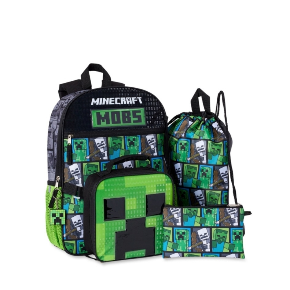 Minecraft Creeper BONUS 5 PC SET Green & Black Backpack